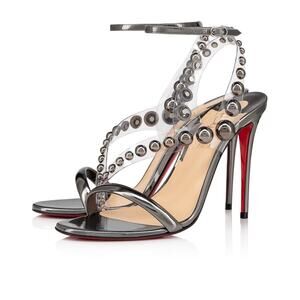Christian Louboutin Corinetta 100 Gunmetal Patent Strap Sandal Heel Pump 37